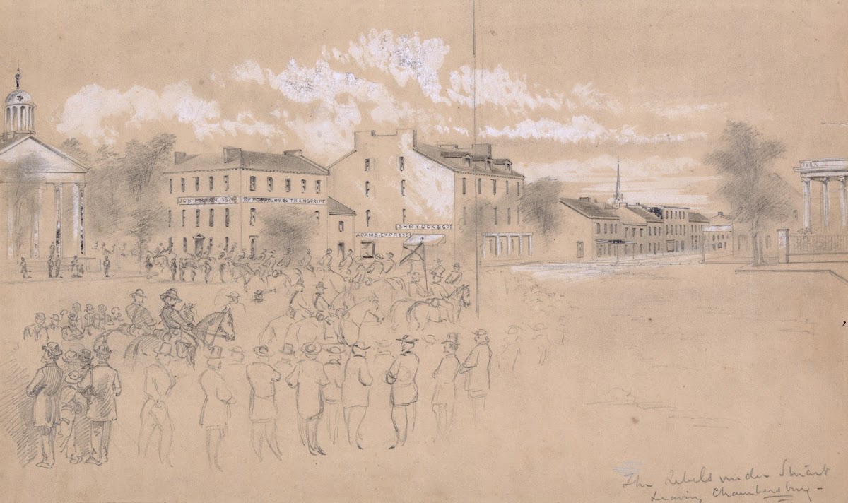 The rebels under Stuart leaving Chambersburg 1864