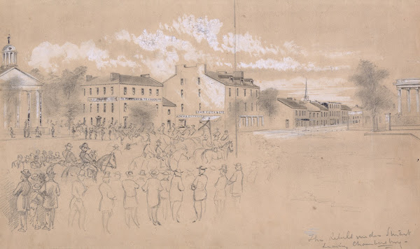 The rebels under Stuart leaving Chambersburg 1864