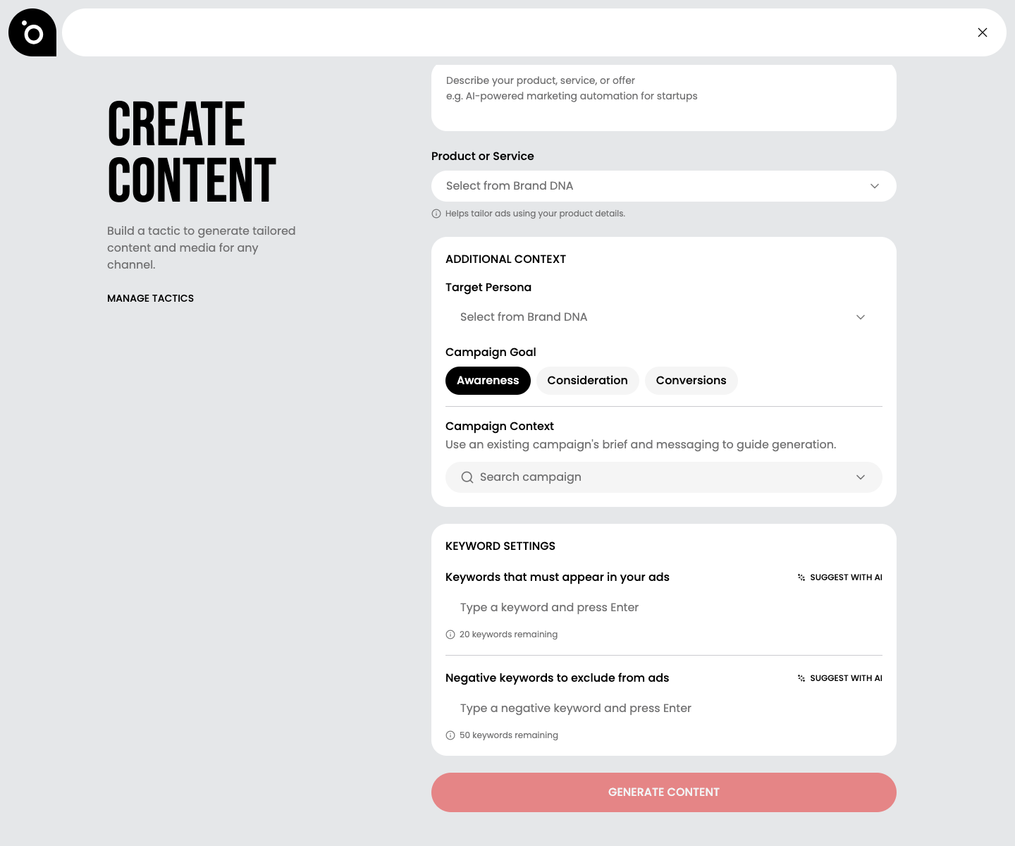 The keyword settings, with must-appear and negative keyword boxes, each with a Suggest with AI button