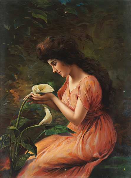 Seated woman gazing at calla lily 1907