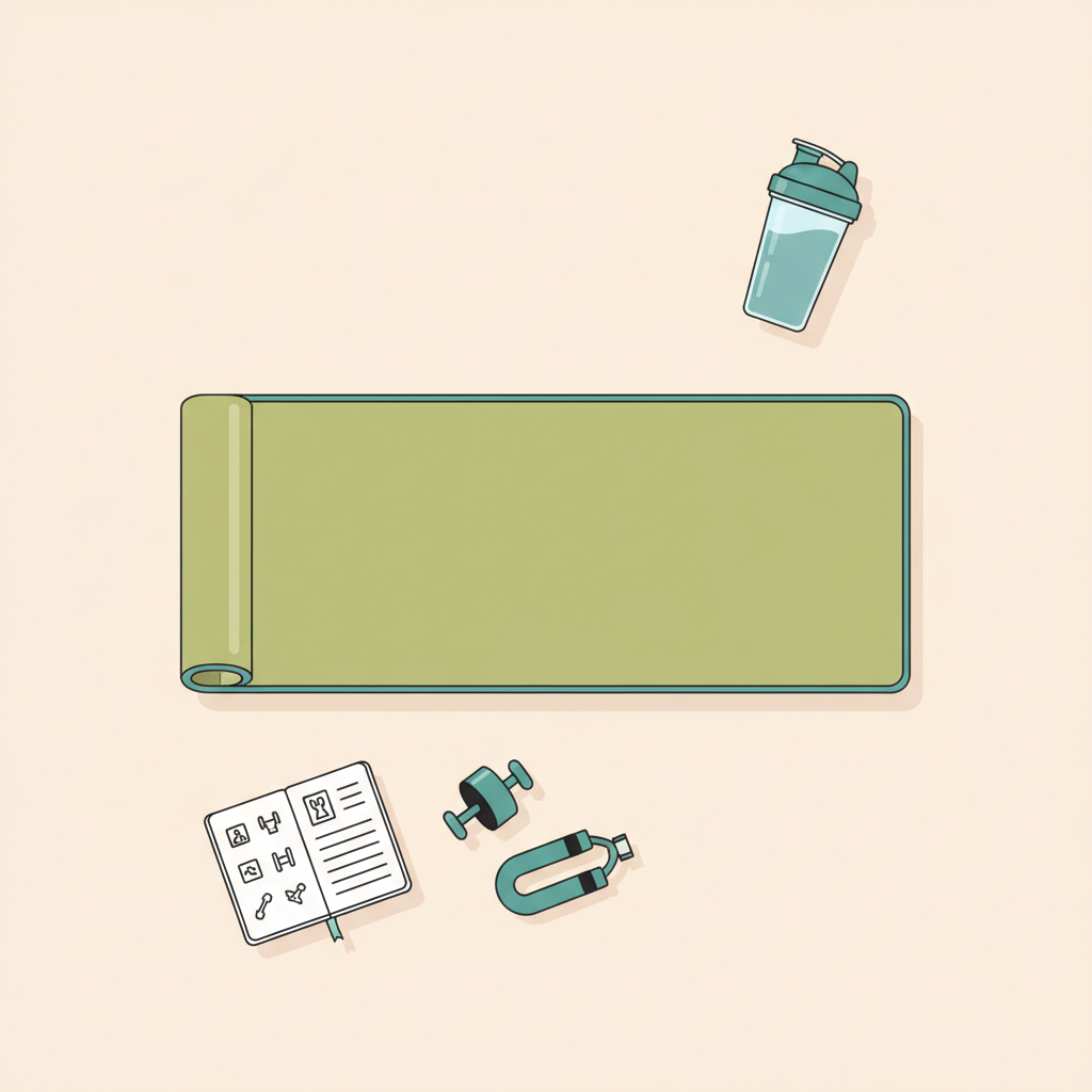 Minimalistische 2D-Vektor-Flatlay mit Yogamatte, neutraler Proteinshake-Flasche, offenem Notizbuch mit Übungsskizzen und kleinen Bauchmuskel-Geräten – Bauchmuskeln Geräte