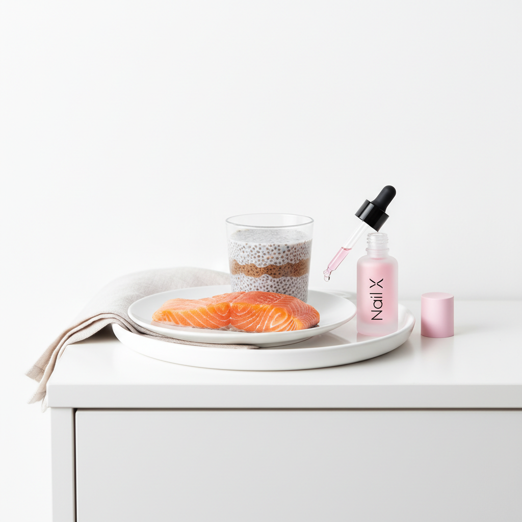 Tablett mit Lachsfilet, Chia‑Pudding und offener Nagelhautöl‑Flasche in NailX‑Farben auf weißem Nachttisch — was essen für gesunde Fingernägel
