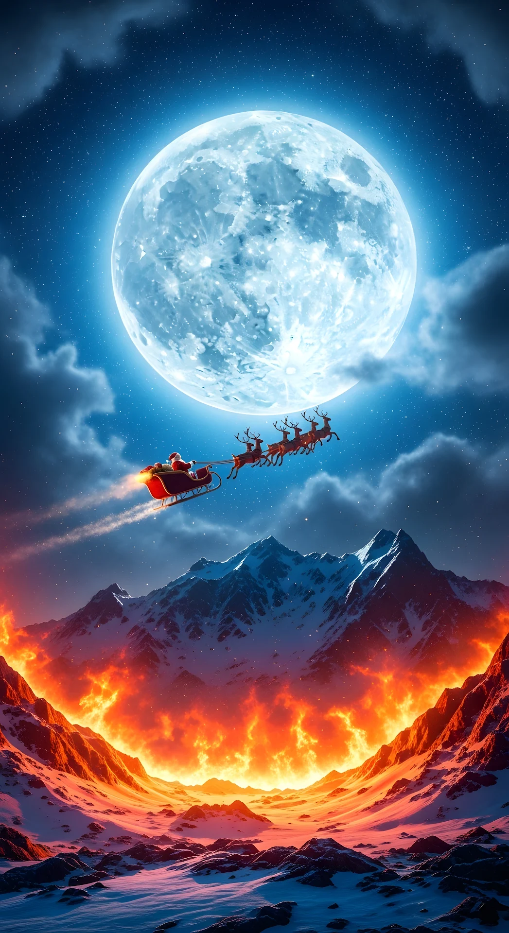 Santa's Sleigh Flying Over Fiery Snow Mountains - Free 4K mobile Wallpaper