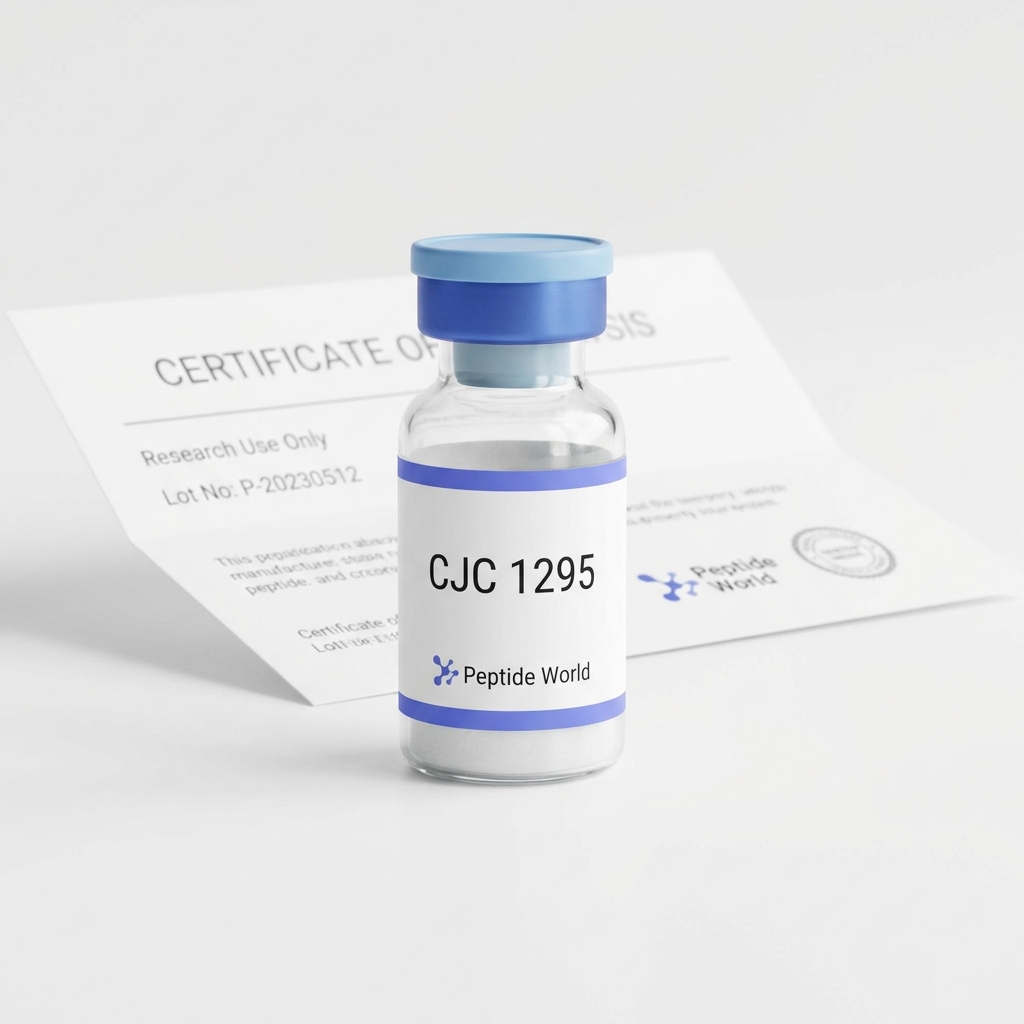 Close up of a labeled peptide vial marked cjc 1295 on a clean white background with a partially visible certificate of analysis showing research sourcing and lab quality