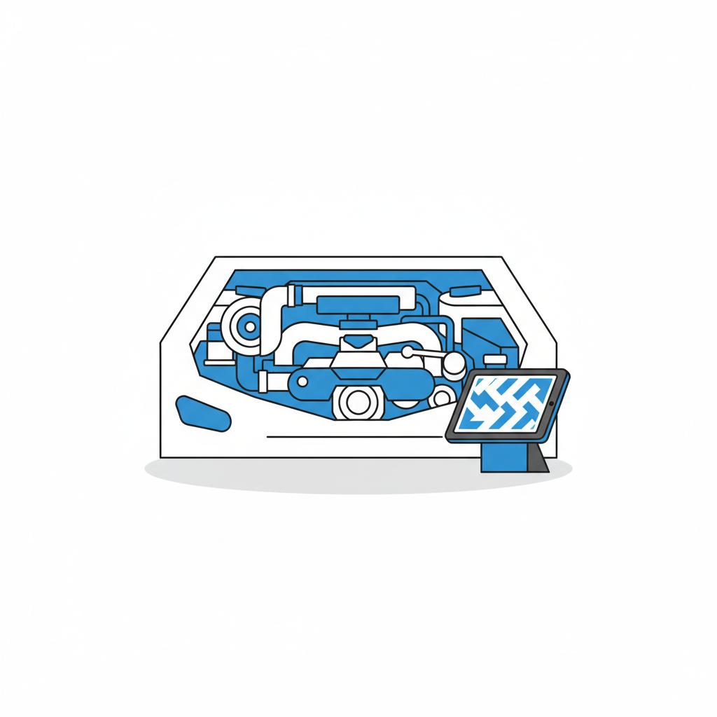 Minimalist vector close up of a turbocharger in a Subaru WRX engine bay with a diagnostic tablet nearby, white background and blue accents, subaru wrx for sale