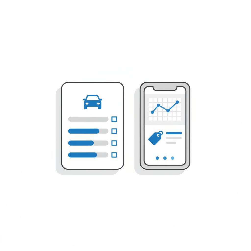 Minimalist 2D vector of a vehicle history report and smartphone showing pricing insights for old cars for sale on a white background with blue accents
