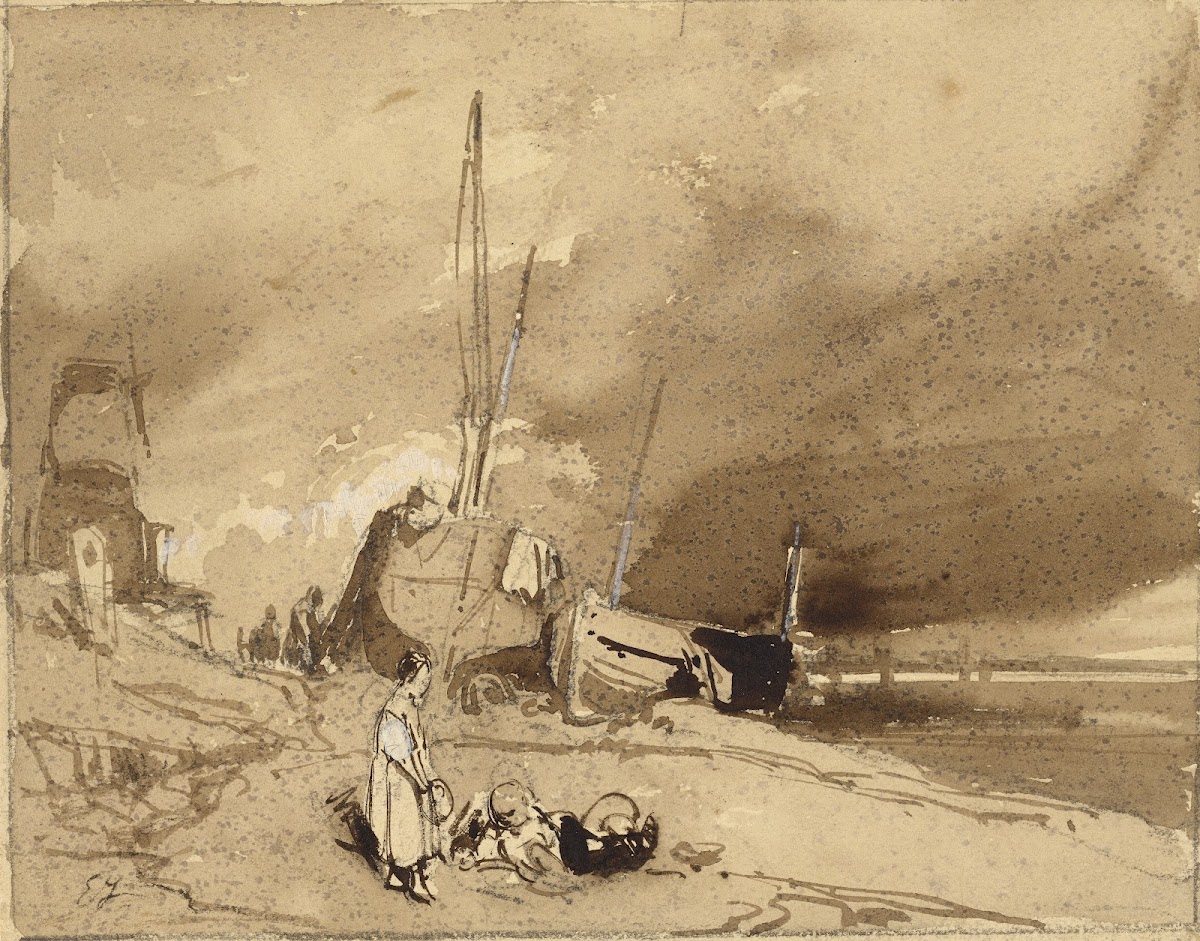 Bord de Plage Fishing boats on a beach storm clouds in the distance 1830