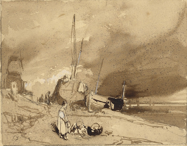 Bord de Plage Fishing boats on a beach storm clouds in the distance 1830