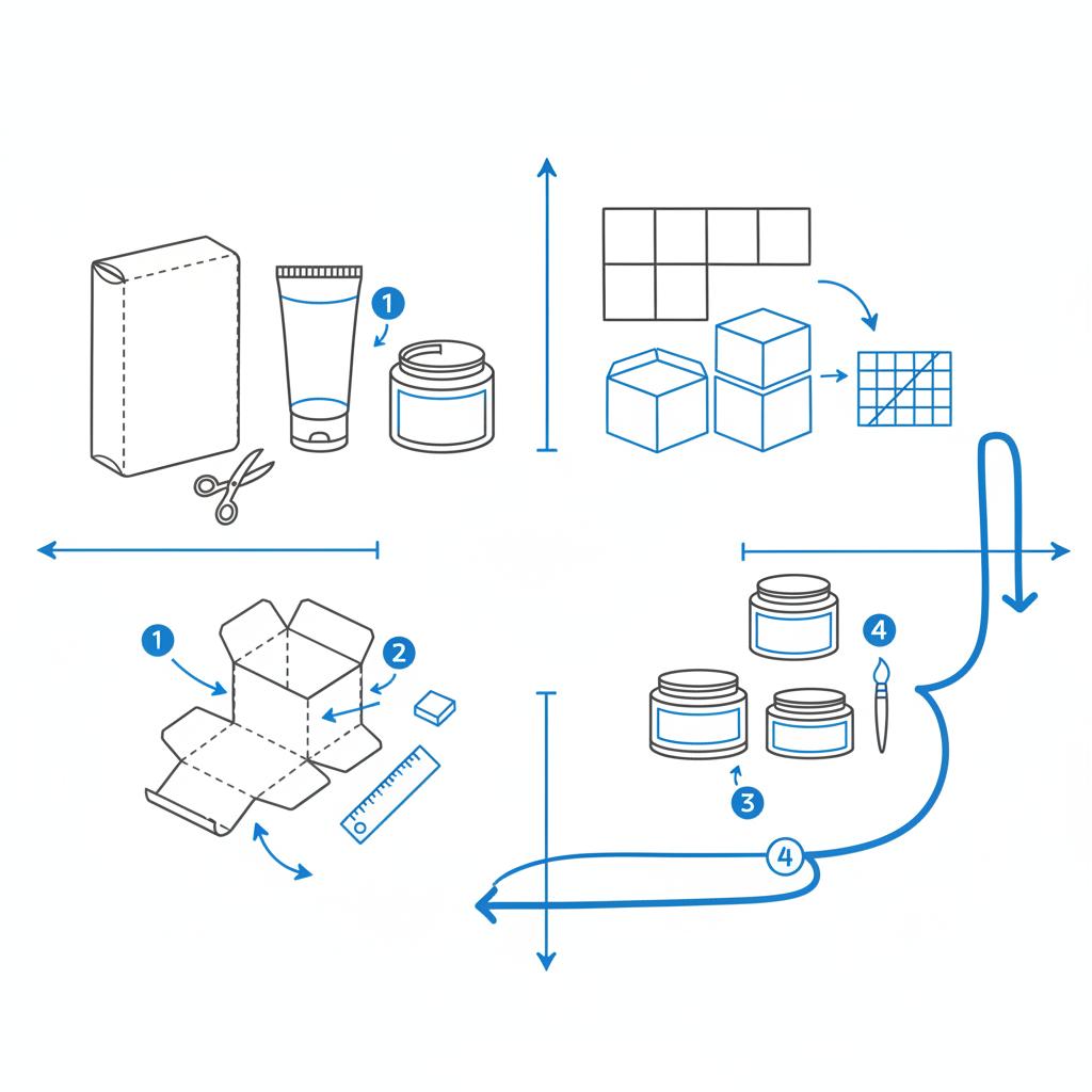 Minimal 2D vector notebook-style layout of packaging mockup sketches and craft tool icons in dark gray with blue accents, conveying craft systems and the golden rule of ai
