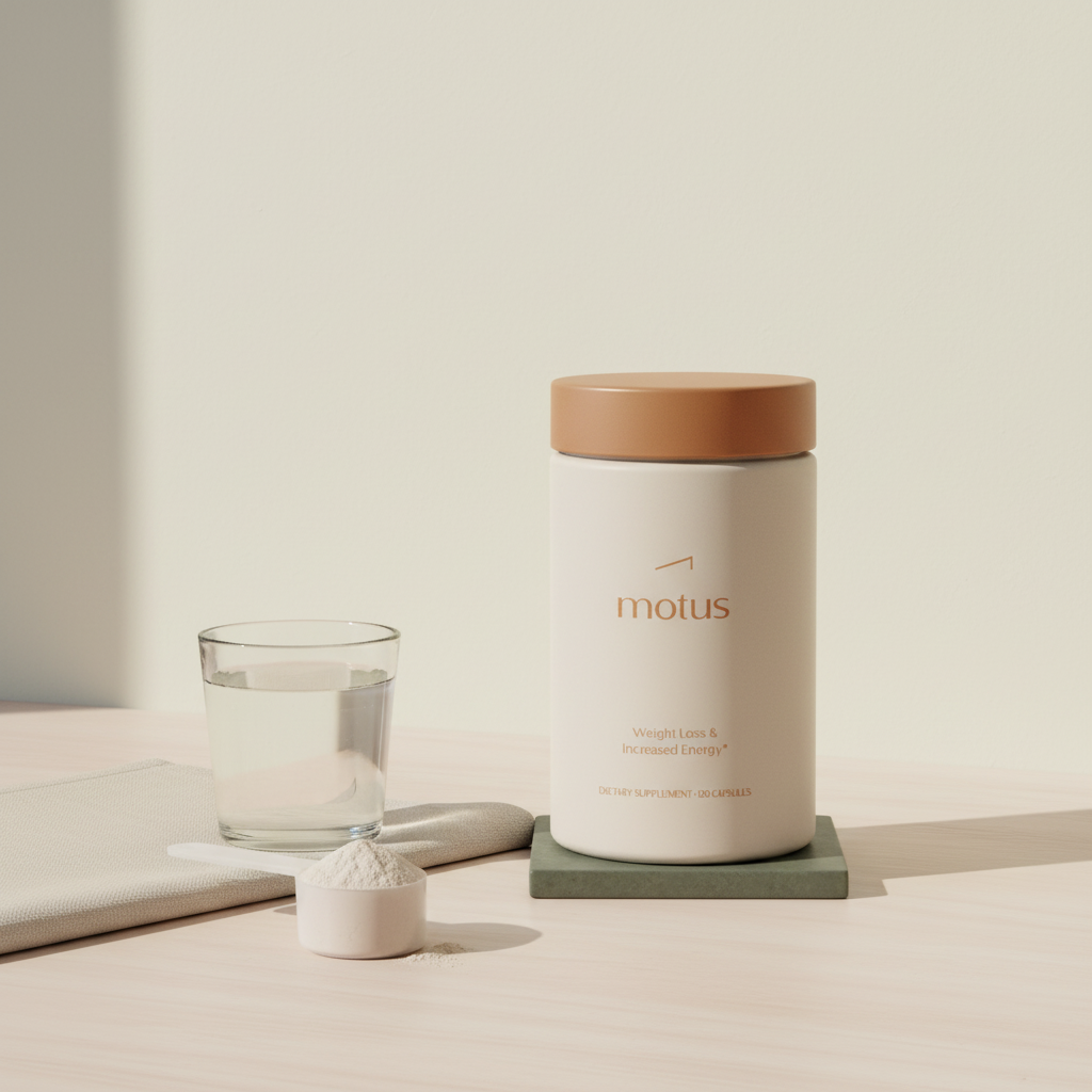 Tonum Motus container on a light wooden table with a glass of water and a scoop of low calorie protein powder, minimalist beige background and muted brand-colored props.