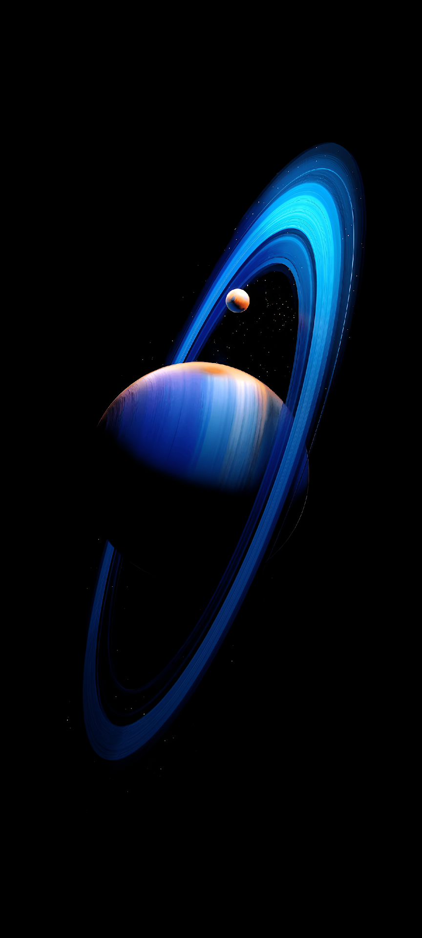 Vibrant Blue Ringed Planet and Moon in Cosmic Void - Free 4K mobile Wallpaper