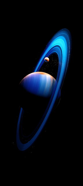 Vibrant Blue Ringed Planet and Moon in Cosmic Void - Free mobile Wallpaper