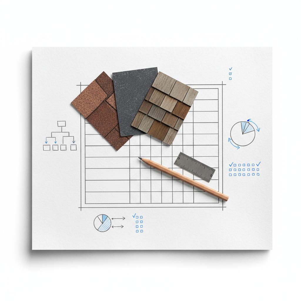 Close-up textured sketchbook page with roofing estimate template, pencil, shingle swatches and small ruler in Agency Visible palette &mdash; how to run a successful roofing business