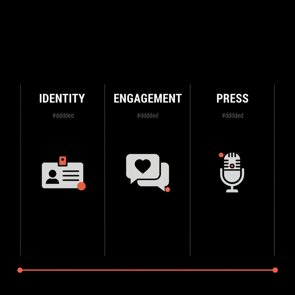 Infographic showing three columns: Identity, Engagement, Press with simple vector icons on black background. How many followers do you need to get verified on TikTok?