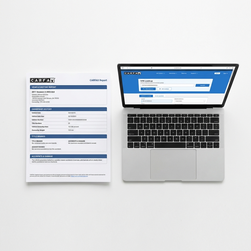 Top down photo of a clean open CARFAX report next to a modern laptop showing a VIN lookup page with brand blue accents on a white background