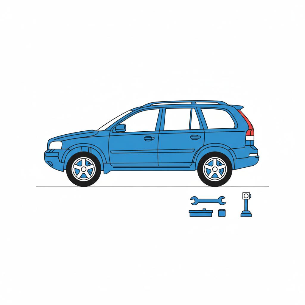 Minimalist 2D vector side cutaway of Volvo XC90 undercarriage and suspension with inspection tools in CarFax blue and white palette for volvo xc90 for sale