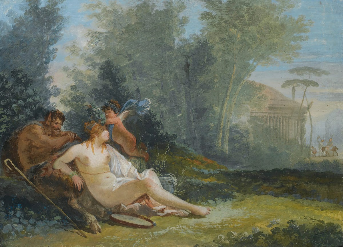 Venus And Cupid With A SatyrIn A Classical Landscape