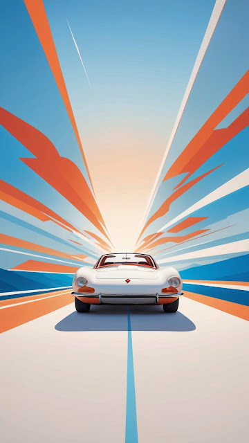 White classic car speeds down stylized road with speed lines - Free mobile Wallpaper
