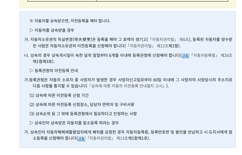 찾기쉬운 생활법령정보 누리집의 자동차 명의이전 방법 필요 서류 안내 화면