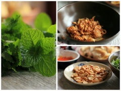 Húng quế, ngò rí rửa sạch, cắt nhỏ. Đậu phộng rang tách đôi các hạt hoặc đập dập. Hành phi cho ra chén.