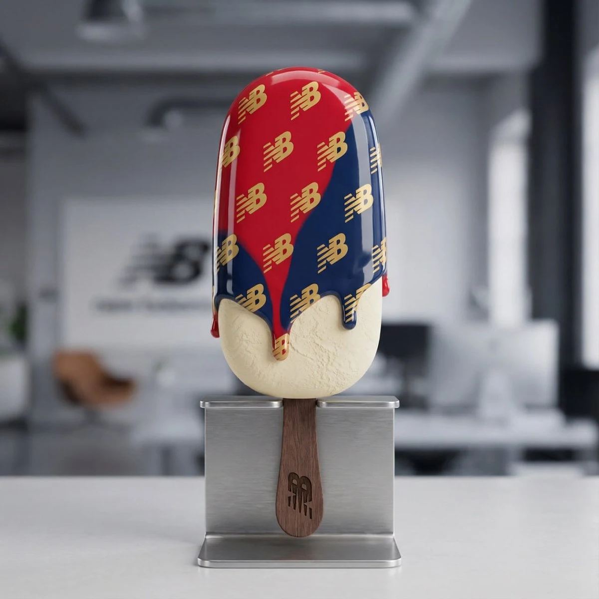 Un polo de helado 3D hiperrealista y perfectamente vertical de [@TU LOGOTIPO] con un glaseado brillante del color característico...
