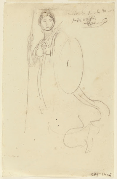Une femme en armure et bouclier de face 1906