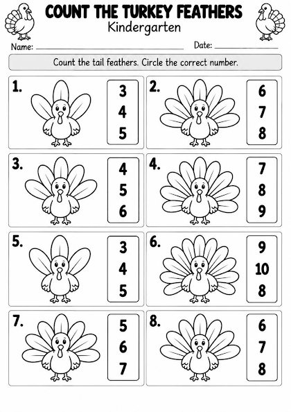 Turkey Feather Counting Worksheet