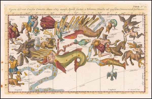 Figura observat Cursus Cometae Anno 1665 mense Aprili factar a Iohanne Hevelio a