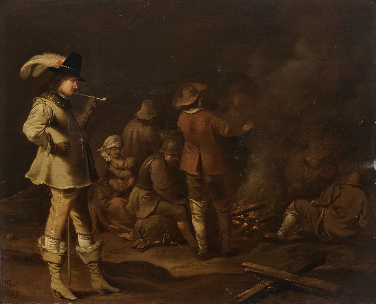 Soldiers and a woman nursing a child around a fire 1639