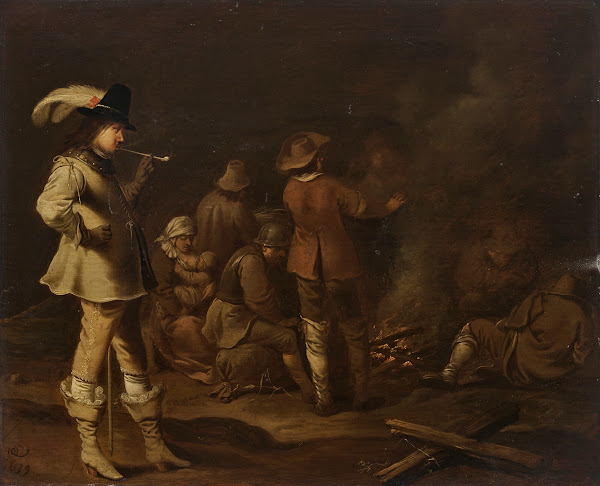 Soldiers and a woman nursing a child around a fire 1639