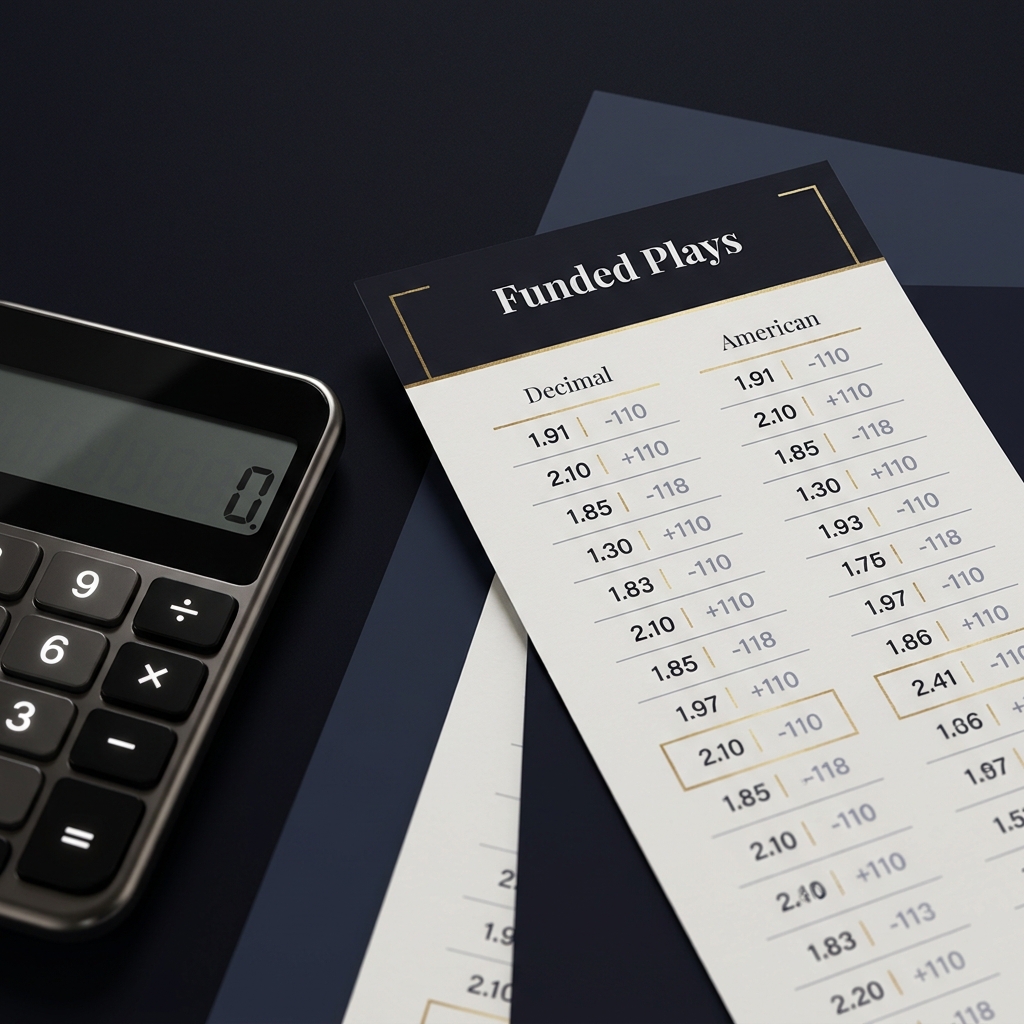 Close up of a calculator and printed odds lines showing decimal and American formats side by side for a parlay cash out calculator on a Funded Plays dark branded background