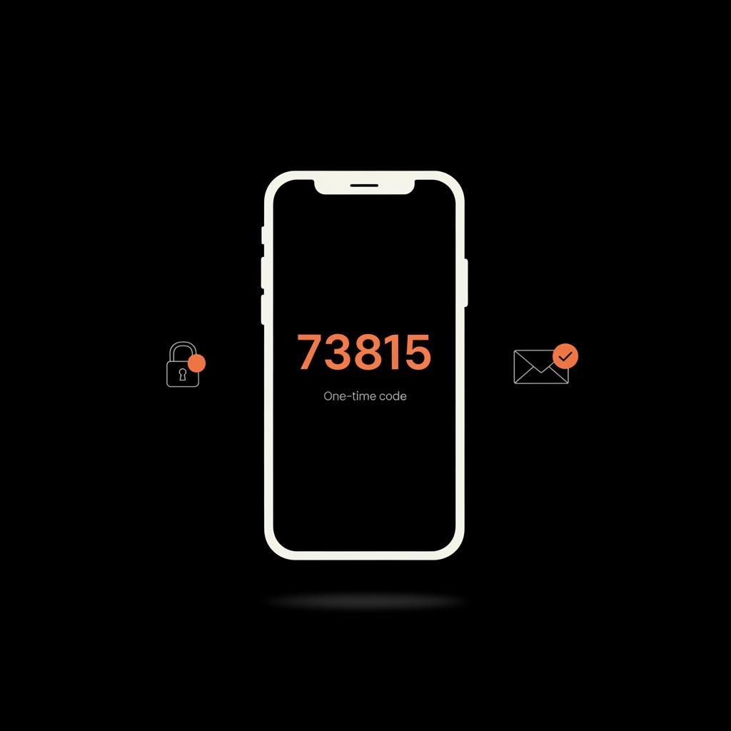 How do I retrieve my email password? Minimal vector infographic of a phone showing a one-time code with a subtle padlock and email icon on a black Social Success Hub palette.