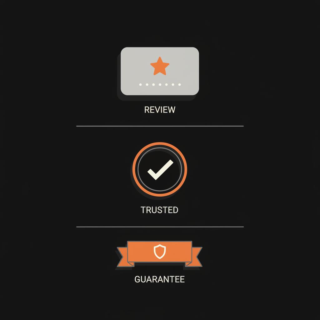 Minimal full-frame infographic of a stacked review card, certification badge, and guarantee ribbon on black background illustrating brand credibility examples.