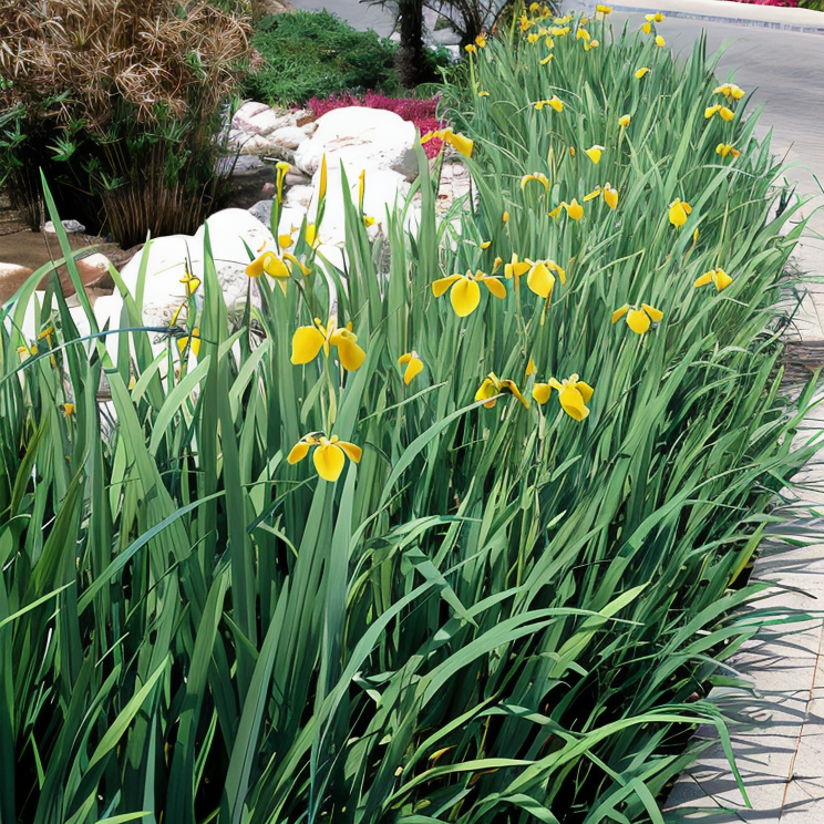 Iris pseudacorus fiorito in un laghetto, un tocco di colore per il tuo giardino acquatico