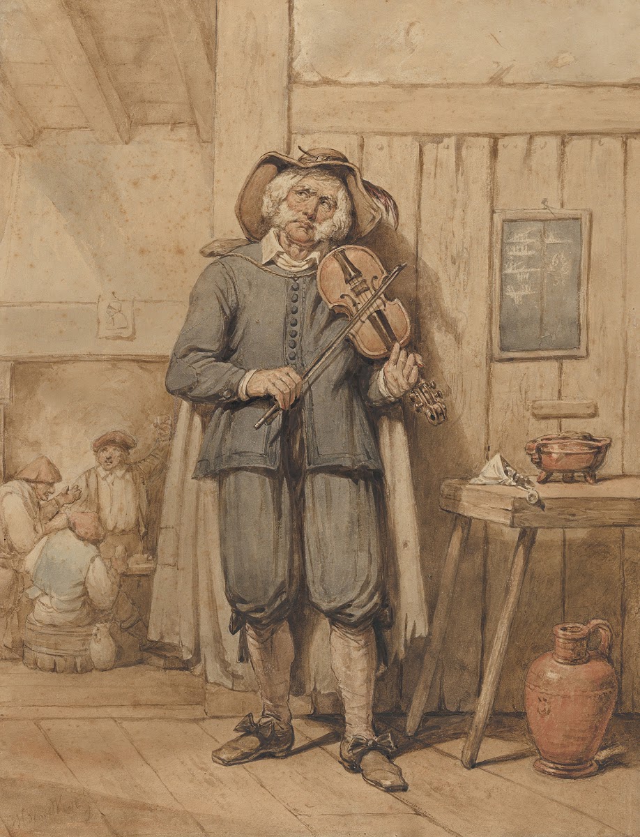 A Fiddler in a Tavern with Three Men in the Background mid 19th century
