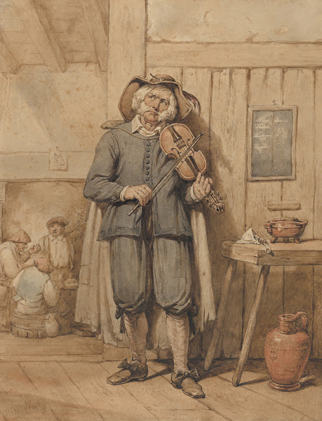 A Fiddler in a Tavern with Three Men in the Background mid 19th century