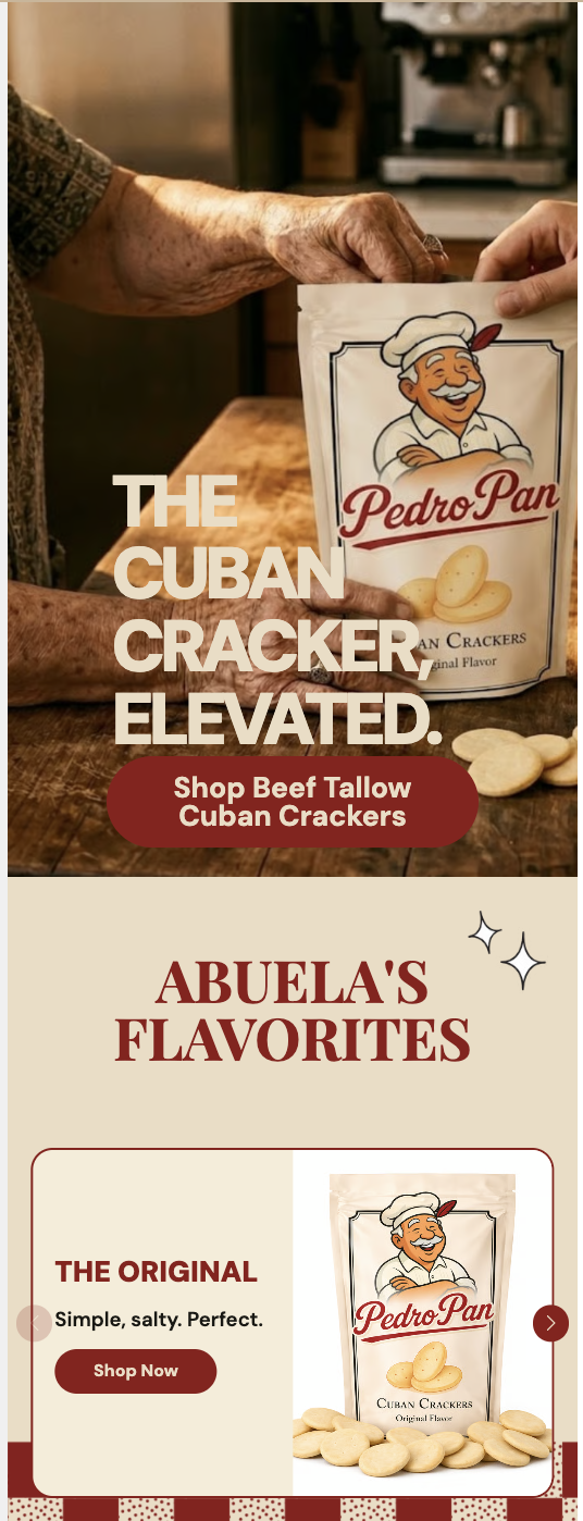 Pedro Pan homepage hero with product photography