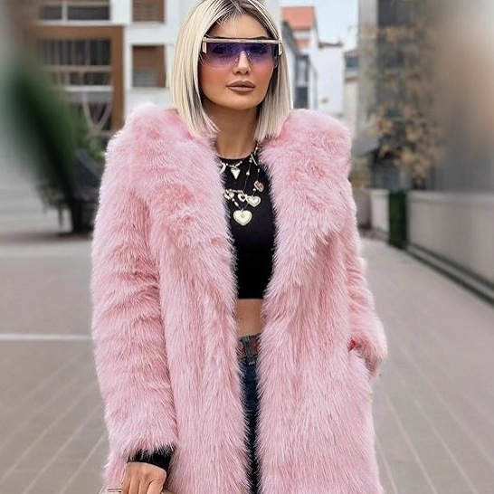 Long faux fur coat with large collar