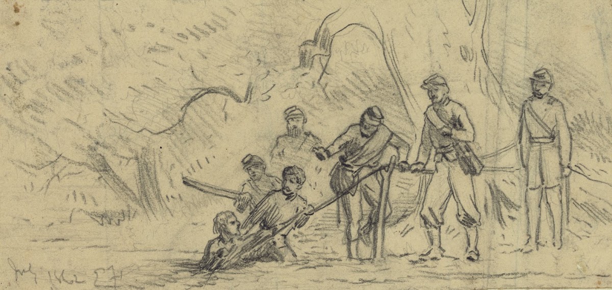 Union soldiers crossing the north fork of the Rappahannock on a roap bridge 1862