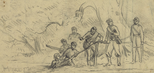 Union soldiers crossing the north fork of the Rappahannock on a roap bridge 1862
