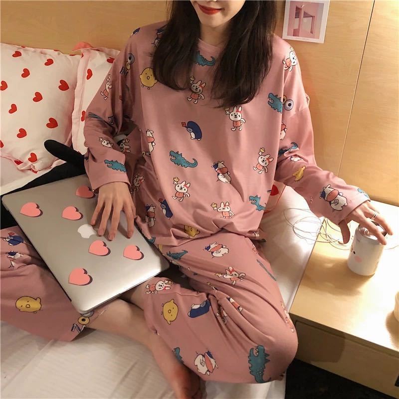 Women's pajamas, long-sleeved with long pants, cartoon design