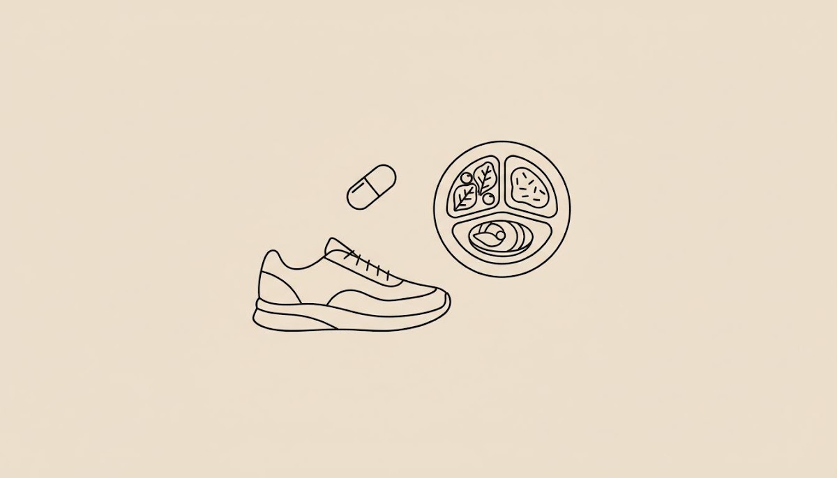 Minimal Tonum-style vector of a walking shoe, a divided plate with balanced portions, and a stylized capsule on a beige background supporting exercise after 40 to boost metabolism