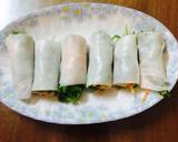Trải bánh phở ra đĩa. Cho cà rốt, giò, lạc, rau xà lách, rau thơm, dưa chuột, xoài vào rồi cuốn lại.
