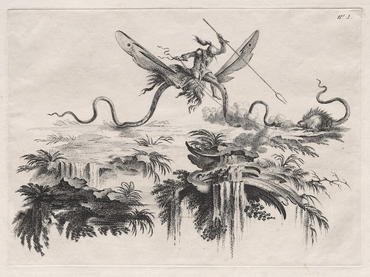 A Savage mounted on a winged Serpent battling with a wild beast resembling a Por