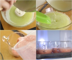 Chia kem whipping và hỗn hợp nước đường gelatinelúc đầu thành hai phần. Một nửa đổ vào bát đựng dưa hấu, nửa còn lại đổ vào bát đựng dưa gang. Đổ phần mousse dưa hấu vào cốc, bảo quản trong tủ lạnh cho đến khi đông lại thì lấy ra. Đổ tiếp phần mousse dưa gang lên trên, để trong tủ lạnh 3 giờ là có thể ăn được.