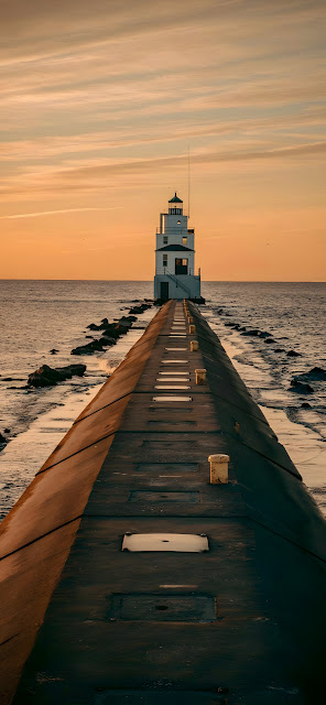 White Lighthouse on Long Pier at Golden Sunset - Free mobile Wallpaper