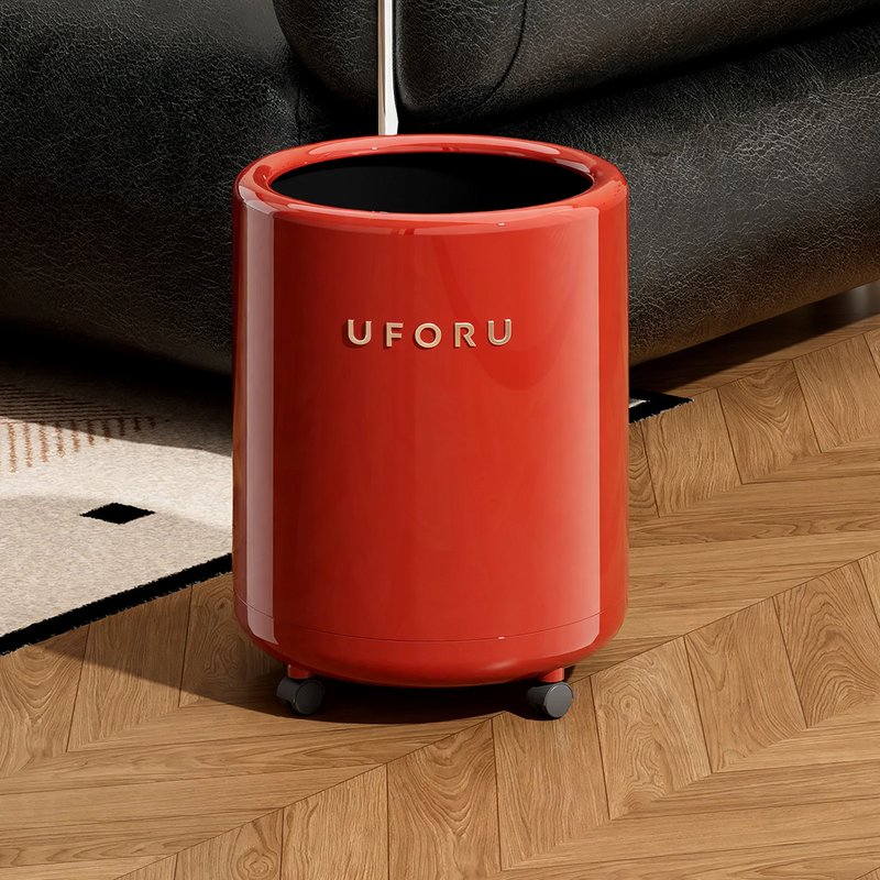 Large trash can with wheels and polka-dot design