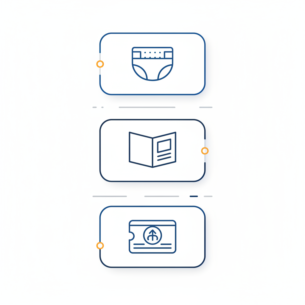 Minimalistische 2D-Vektor-Infografik mit Windel-, Broschüre- und Gutschein-Icons in Steelmonks-Farben, übersichtliche Darstellung zu gratis Babyboxen
