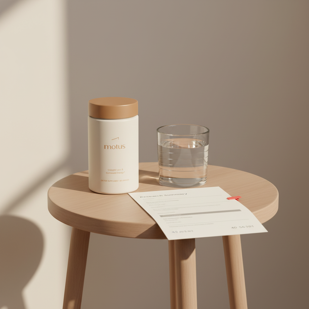 doctor recommended probiotic jar on a round wooden table beside a glass of water and folded research summary, minimalist Tonum aesthetic on #F2E5D5 background