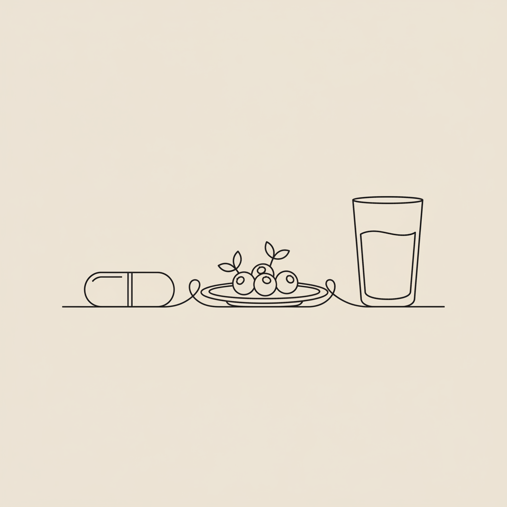Minimalist line illustration of a capsule, plate with berries, and a water glass on a beige background representing weight loss medication safety.